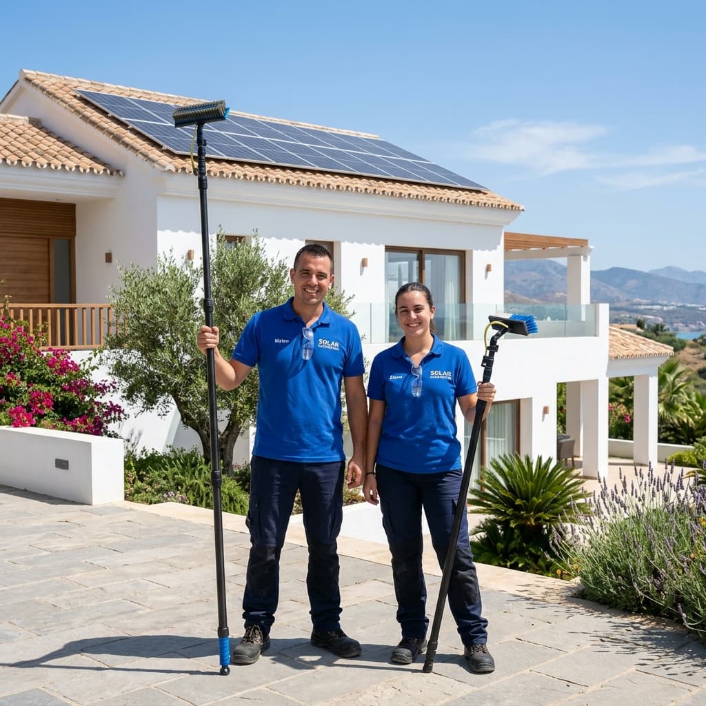 Mateo and Elena from Axar Solar Clean standing in front of a villa in Axarquía
