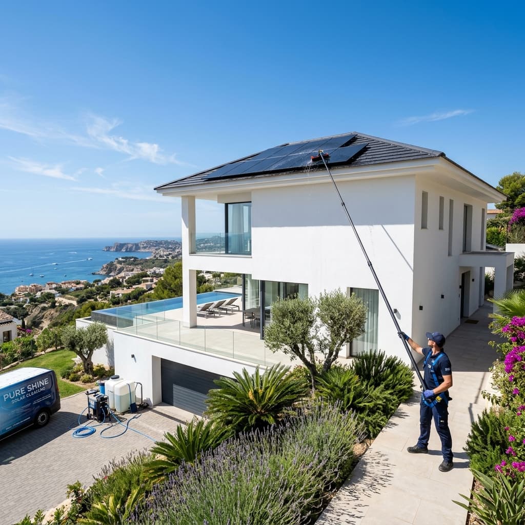 Worker cleaning solar panels on a modern white villa in southern Spain