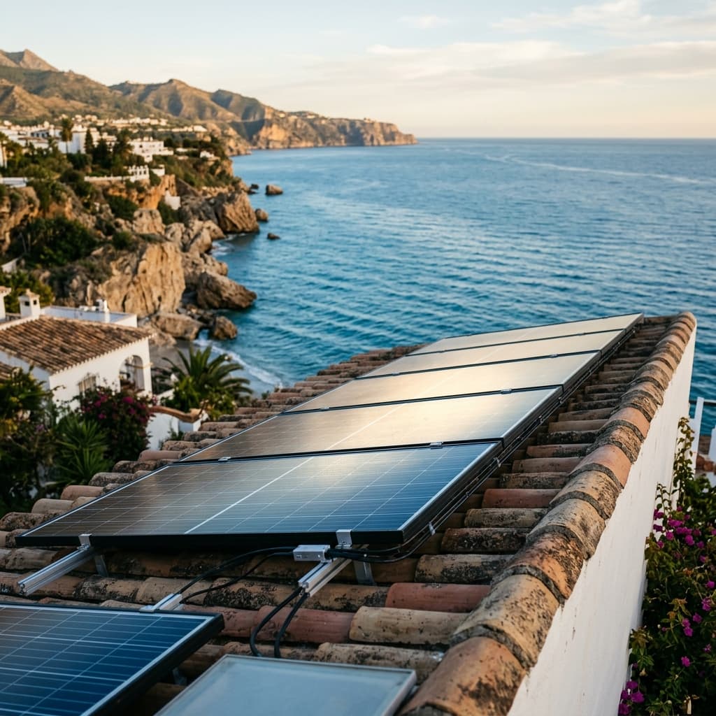 Coastal rooftop solar installation in Nerja with sea view